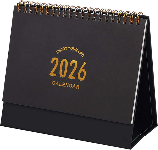 Small Desk Calendar 2025-2026, Standing Flip Desktop Calendar from July 2025 to Dec 2026 - Metal Ring Twin-Wire Binding Monthly Desktop Calendar for Home Office School (Black)