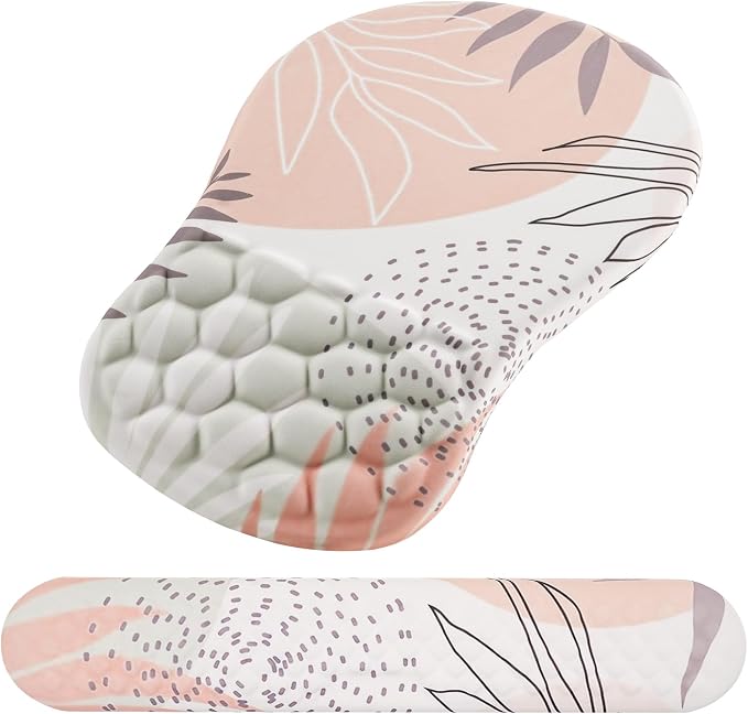 Ergonomic Mouse Pad & Keyboard Wrist Rest Set, Memory Foam | Memory Foam Wrist Cushion, Non-Slip PU Base, Massage Design, Relieves Wrist Pressure for Work, Gaming & Office Use,Leaf