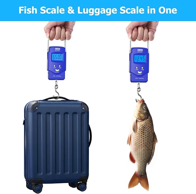 Dr.meter Fish Scale, 110 lb Digital Luggage Scale with Tape | 110 lb Capacity, Backlit LCD, Built-In Tape, Includes 2 AAA Batteries, Compact Pocket Size