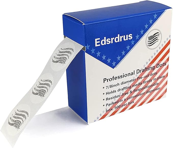 EDSRDRUS 1 Pack Drafting Dots 7/8” Diameter, Low Tack, Easy Removal, Pre-Cut Drafting Tape Dots for Tracing, Drawing, Positioning, Roll of 500 Dots Per Box (White)