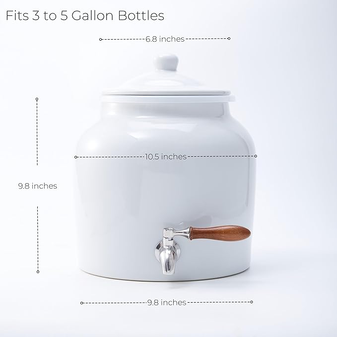 Ceramic Water Dispenser for 5 Gallon Bottle – Crock Water Dispenser with Durable Stainless Steel Faucet, Ideal for 3 to 5 Gallon Jugs, Classic Porcelain Water Crock Design for Home or Office Use