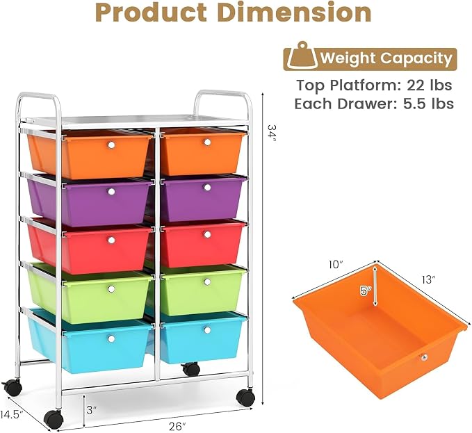 10 Drawer Rolling Cart, Storage Cart Organizer on Wheels, Drawer Cart with Metal Frame & Large Storage Capacity, Rolling Cart with Drawers for Living Room Classroom, Office