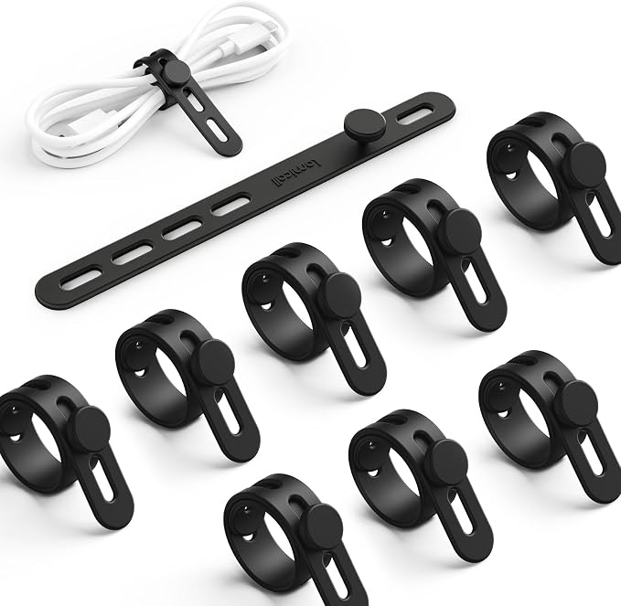 Lamicall 10Pack Reusable Cord Organizer Cable Ties - Silicone Cord Management Wraps, Stretchy Rubber Charger Cable Strap Ties, Skin-Friendly Electrical Wire Keeper for Travel, Home Office Accessories