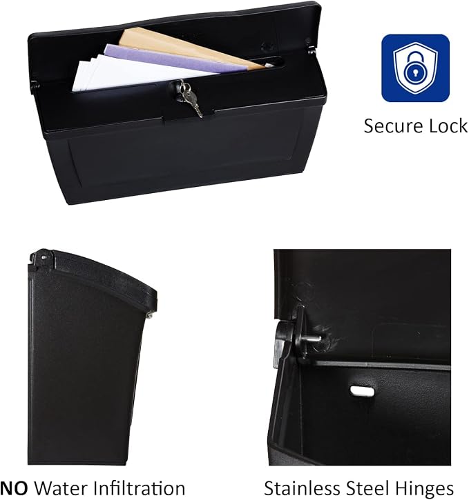 Small Plastic Mailbox with Lock & Keys for Porch, Easy to Install Wall Mount, Lightweight, Heavy Duty, Rustproof, Maintenance-Free Horizontal Mail Box for House - 15.5” x 4” x 6.25” (Black Locking)