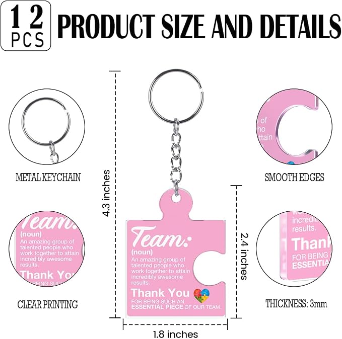 Team Appreciation Gifts Bulk Thank You Keychains for Coworkers | Gift Set for Employee, Staff, Teachers, Teamwork Puzzle Piece Keyring, Acrylic
