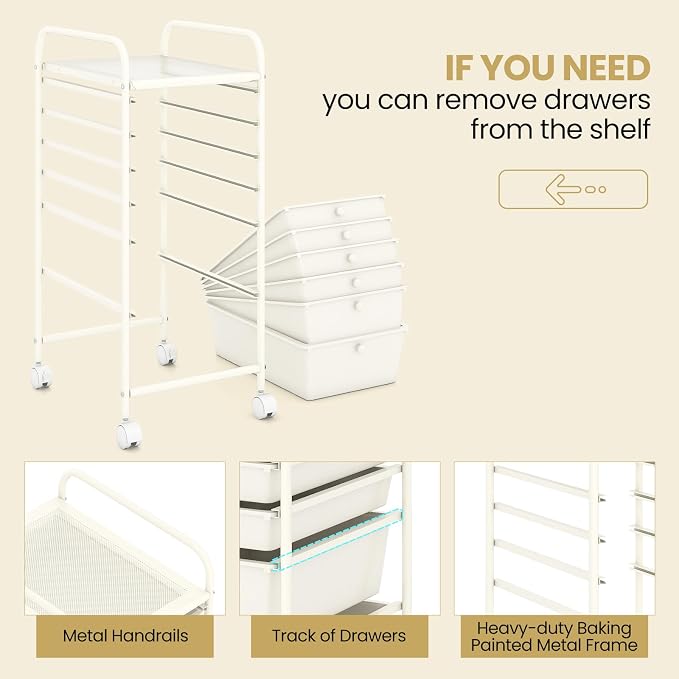 COSTWAY 6-Drawer Rolling Storage Cart, Art Craft Tools Organizer on Wheels | Multifunctional Heavy Duty Utility Mobile Storage Trolley w/ 2 Lockable Wheels for Home Office School (White)