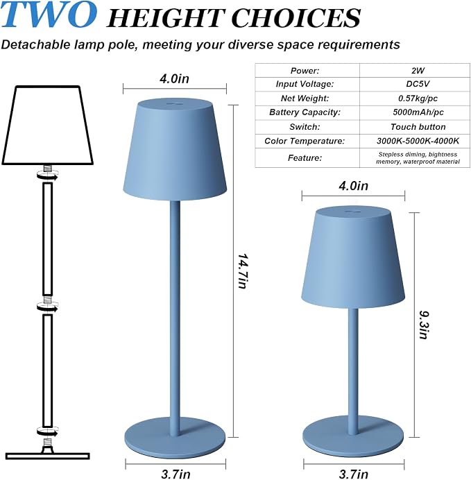 Kakanuo Cordless Table Lamp Rechargeable Blue - KK 2 Pack 5000mAH Battery Operated Lamp for Dining Table, 3 Color Stepless Dimming Wireless Lamp for Counter, Outdoor Patio, Touch Control