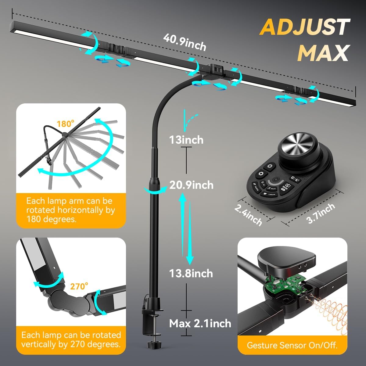 Adjustable LED Desk Lamp – Stepless Dimming & Color Temp Remote Control, Eye-Caring 4 Large Bright Light Souce for Home Office, Gooseneck, Clamp Base, 5 Lighting Modes for Reading, Computer, DIY