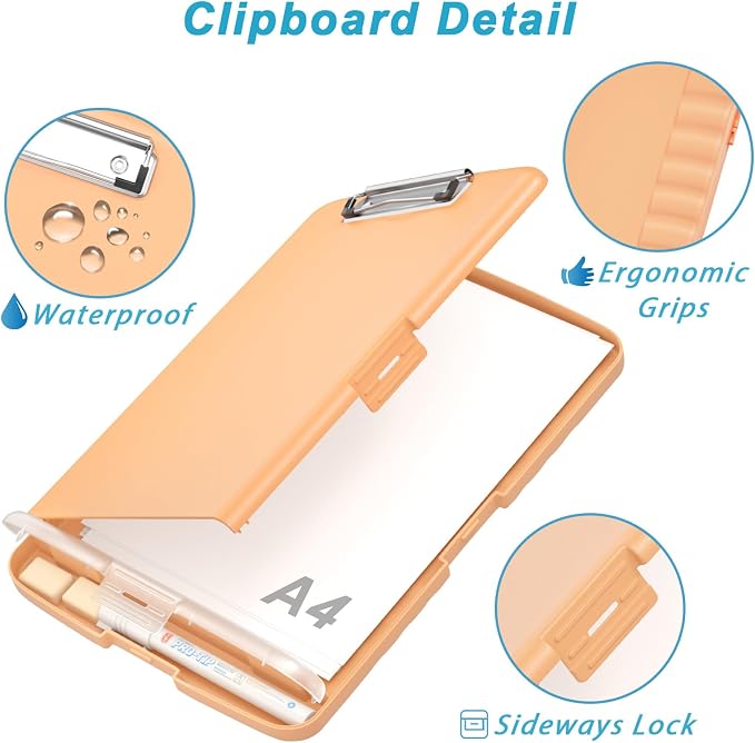 Rimilak Clipboard with Storage, 8.5 x 11'' High Capacity Clip Board, Orange | Smooth Writing, Side-Opening Plastic Folder with Pen Holder, Size 14.2 x 9.6 x 1.2″ ,for Classroom, Teacher, Student