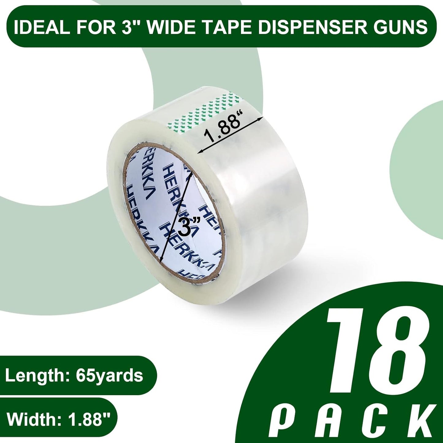 HERKKA Clear Packing Tape, 18 Rolls Heavy Duty Packaging Tape for Shipping Packaging Moving Sealing, Thicker Clear Packing Tape, 1.88 inches Wide, 65 Yards Per Roll, 1170 Total Yards