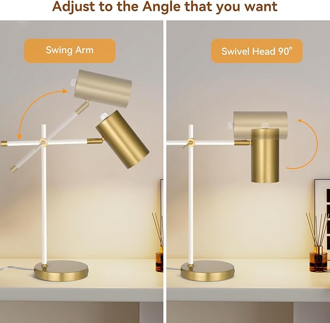 Modern White and Gold Desk Lamp with Type C Charging Port, Minimalist Industrial Table Lamp with Swing Arm, for Study Room Home Office Bedroom Bedside Nightstand