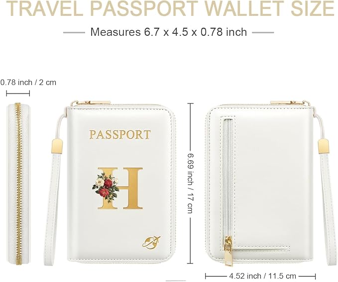 Passport Holder for Travel Personalized Wallet with Wristlet Women | All-in-One Passport Cover, RFID Blocking, Back Coin Pocket, Paper Money Slot, Zipper Closure, Roses Initial Letter, White H
