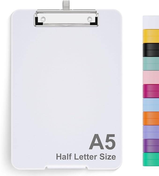 Hongri A5 Clipboard with Storage, Metal Retractable Pen Holder, White | 6 x 9'' Nursing Plastic Foldable Clip Board, Size 9.4 x 6.1 x 0.9 in, Menu Box for Work, Office & School Supplies