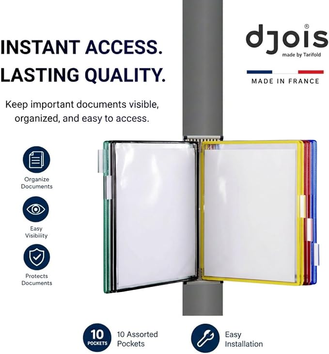 Tarifold 10 Pocket Wall Mount Reference System, Expandable, Assorted Colors | 10 PVC pockets hold 20 letter-size sheets, metal wall bracket, index tabs, easy to install