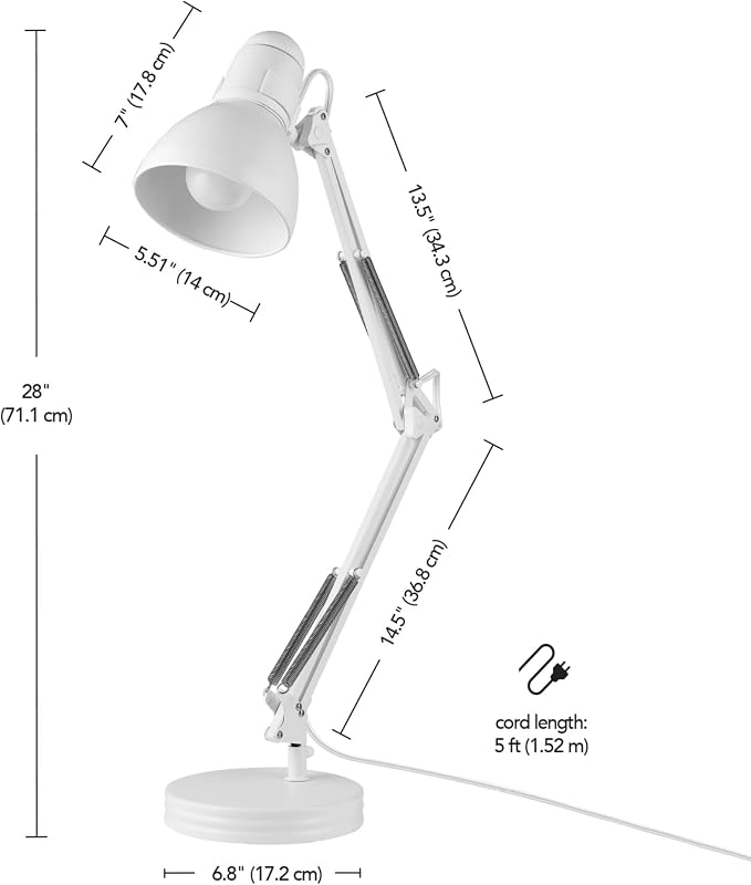 GLOBE Electric 52024 28" Swing Arm Architect Desk Lamp, Matte White, Rotary Switch on Shade, Partially Adjustable Arm, Modern Lighting for Bedroom or Office, Timeless, Indoor Lights(Pack of 2)