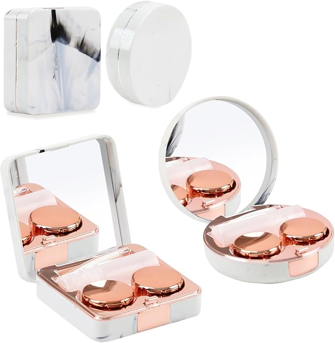 Contact Lens Case, 2 Pack Cute Portable Eye Contacts Travel Box with Mirror Colored Lenses Applicator Remover Tool Kit Solution Bottle for Daily Makeup Office Outdoor (Rose Gold Marble)