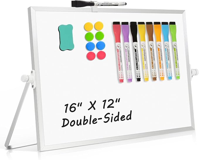 Double-Sided Magnetic White Board with Stand, 16" x 12" | Dry Erase Board with Stand, Desktop Whiteboard Easel , Portable Small White board dry erase for Drawing, Office, Home