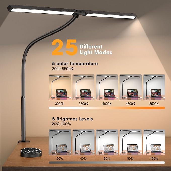 Led Desk Lamp for Office Home - Eye Caring Architect lamp with Clamp,Dual Screen Computer Monitor Work Smart Light: 24W 5 Color Flexible Adjustable Lighting Table Lamp for Study Drafting