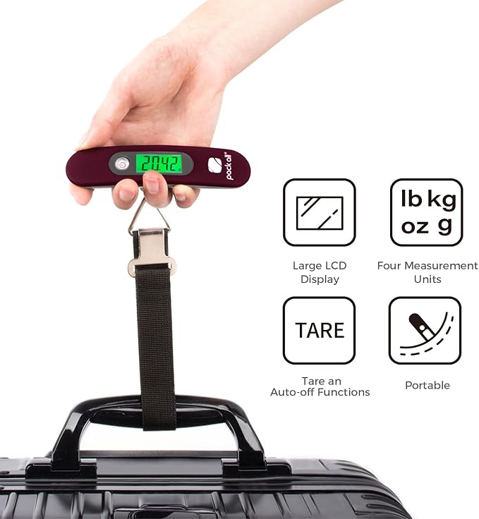 pack all Digital Luggage Scale for Travel, 110Lbs Capacity, 0.1Lb Precision | Handheld, Backlit LCD Display, Lb/Kg/Oz/g Conversion, Tare Function, Battery Included, Red