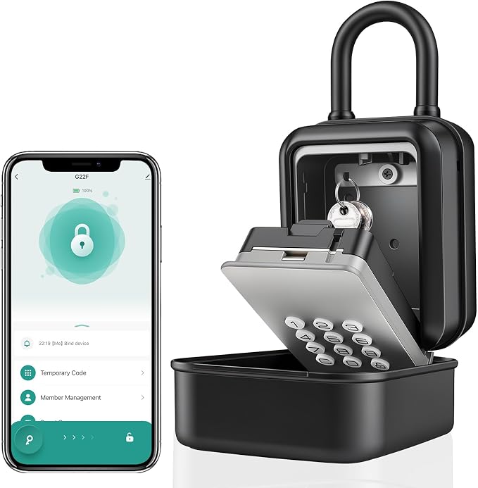 Smart Key Lock Box with Bluetooth APP, Remote Code Sharing & PIN Code Unlock, IP65 Heavy Duty Zinc Alloy Wall Mounted for Airbnb Hosts Realtors, Holds 5 Keys+Cards (Gray)