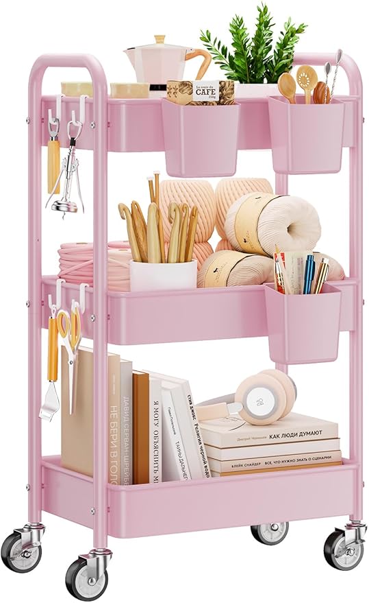 3 Tier Rolling Cart, Heavy Duty Metal Utility Cart with Wheel Pink | Sturdy Rolling Storage Cart With Hooks & Hanging Cups, Great For Craft, Art Workspace, Kitchen ,Snack And Office Storage