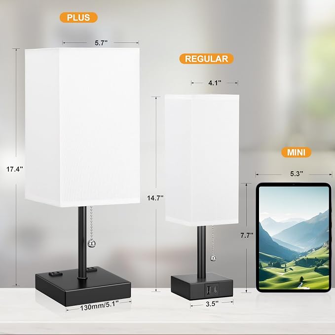 aooshine 17.4" White Bedside Table Lamp for Bedroom - USB C+A, 2 AC Outlets | Pull Chain Lamp, 3 Color Modes(3000K/4000K/5000K), E26 LED Bulb Included, Square White Fabric Lampshade, for Read, Work, Dorm