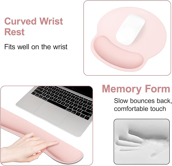 MOSISO Wrist Rest Support for Mouse Pad&Keyboard Set, Chalk Pink | Streamline Ergonomic Mousepad&Coaster Non-Slip Base Home/Office Pain Relief&Easy Typing Pad with Soft Cloth&Silicone Lining