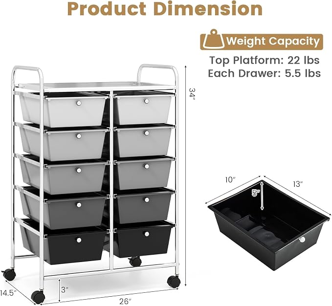 10 Drawer Rolling Cart, Storage Cart Organizer on Wheels, Drawer Cart with Metal Frame & Large Storage Capacity, Rolling Cart with Drawers for Living Room Classroom, Office