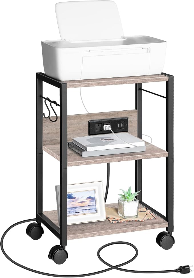 MAHANCRIS Industrial Printer Cart, 3-Tier Mobile Printer Stand, Rolling Cart with Power Outlets and USB Ports, Home Printer Stand with 2 Hooks, for Office, Living Room, Greige PTHG40E01