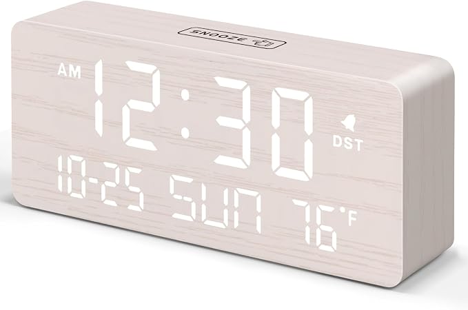 DreamSky Wooden Digital Alarm Clocks for Bedrooms with Date & Day of Week | Living Room Desk Clock, Temperature, USB Port, Dimmer Wheel, Adjustable Volume, Auto DST, Office Wood Decor (Plug-in)