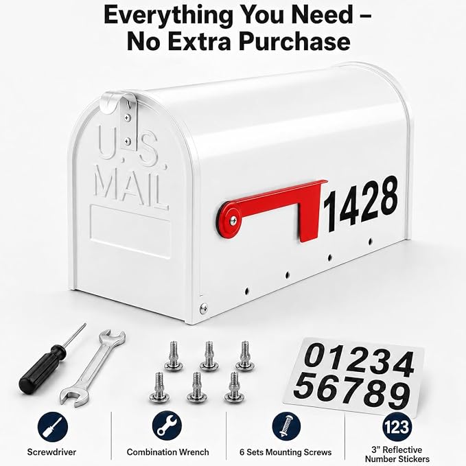 Mailbox for Outside,Metal Post Mount Outdoor MailBoxes - with Tools,Screws,Number Stickers,Red Flag Indicated,Medium Capacity,Galvanized Steel,Waterproof Mail Box for House Outside,20 x 8.7 x 6.7 ”