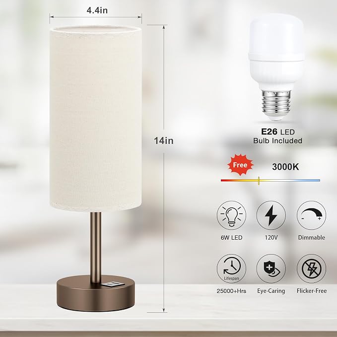 Dicoool Bedside Table Lamp for Bedroom - 3-Way Dimmable Touch Lamp, USB A+C | LED Bulb Included, 14" Small Nightstand Lamp for Desk, Living Room, Guest Room, Beige Fabric Lampshade, Brown Metal Base