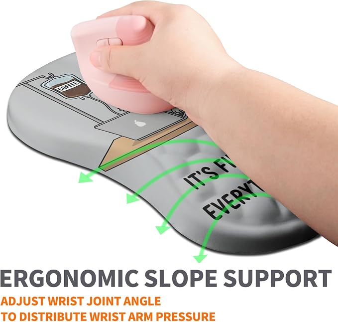 Ergonomic Joint Wrist Support Mouse Pad with Memory Foam Cushion Massage Bump, Carpal Tunnel Pain Relief Mousepad Slope Design for Wrist Rest, 11.8x7.9 in, Funny Coffee Cat