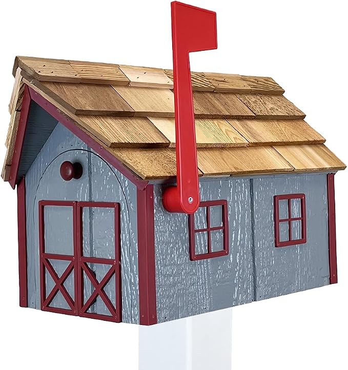 Peaceful Classics Amish Cedar Roof Wooden Mailbox with Window & Door Trim, Handcrafted Mailboxes for Outside, Post Mount Residential Mailboxes (Gray & Burgundy, Wood)