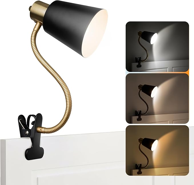 Desk lamp Eye-Caring Table Lamps, 360°Rotation Gooseneck Clip on Lamp Reading Light, Portable Reading Book Light, Clamp Light, Study Desk Lamps for Bedroom and Office Home Lighting (Black and Gold)