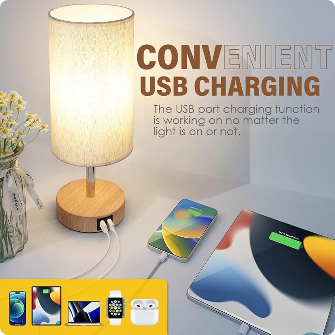 Yarra-Decor Bedside Table Lamp with USB Ports - Touch Control for Bedroom 3 Way Dimmable Nightstand Lamp with Round Fabric Shade for Living Room, Dorm, Home Office, Corded Electric, Without Battery