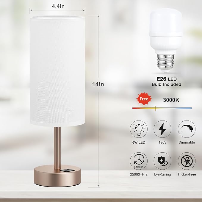 Dicoool Bedside Table Lamp for Bedroom - 3-Way Dimmable Touch Lamp, USB A+C | LED Bulb Included, 14" Small Nightstand Lamp for Desk, Living Room, Dorm, White Fabric Lampshade, Antique White Metal Base