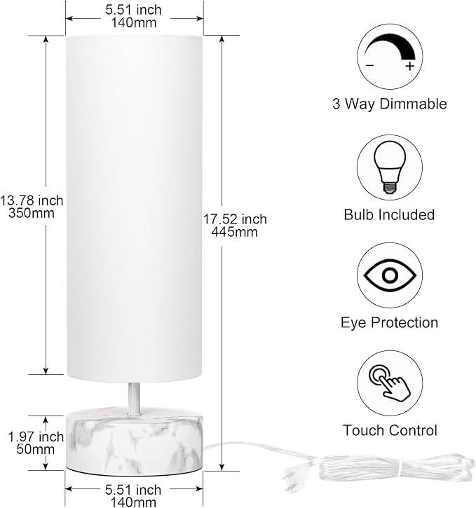 Touch Table Lamp with Marble-Grain Metal Base, 3 Way Dimmable Bedside Lamp | Modern Minimalist Desk Lamp with White Shade, Nightstand Night Light for Bedroom Living Room Home Office, LED Bulb Included