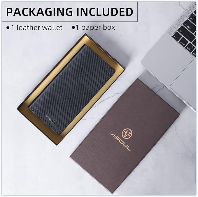 VISOUL Leather Checkbook Cover Wallet for Men with RFID Blocking, Mens Long Bifold Cash Tall Wallet with 11 Credit Card Slots 1 ID Window (Black+Burgundy)