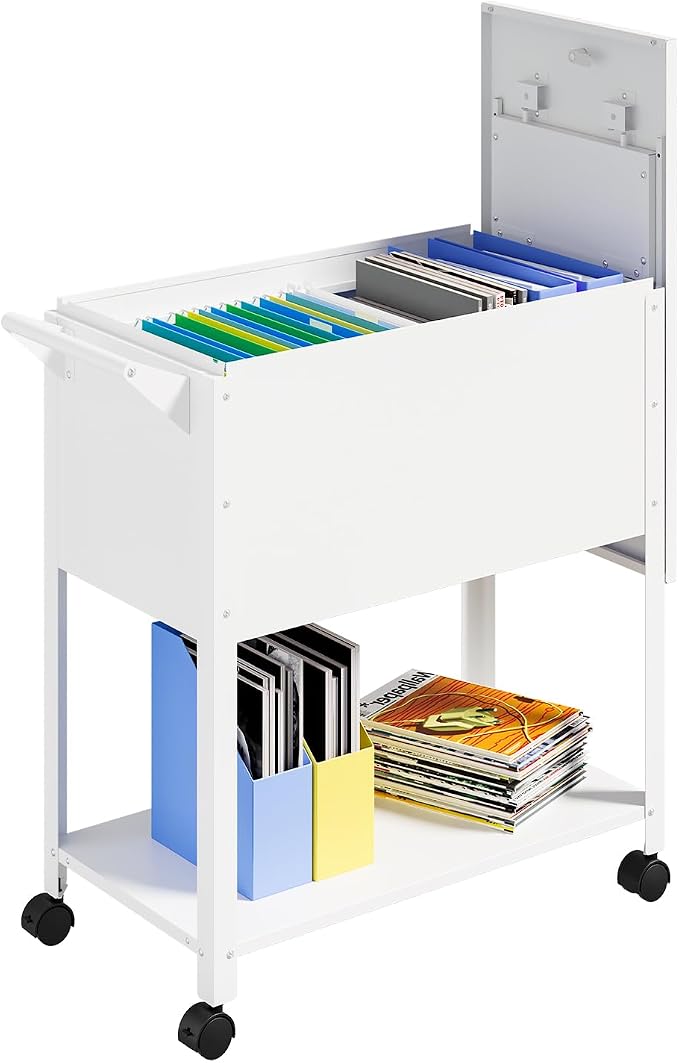 MIIIKO Mobile File Cart with Lock, Rolling File Cabinet Hanging Letter/Legal File Folders with Lockable Sliding Cover, White File Organizer on Wheels