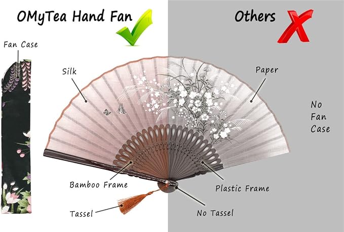 OMyTea® "Grassflowers 8.27"(21cm) Hand Held Folding Fans - With a Fabric Sleeve for Protection for Gifts - Chinese/Japanese Vintage Retro Style (Brown)