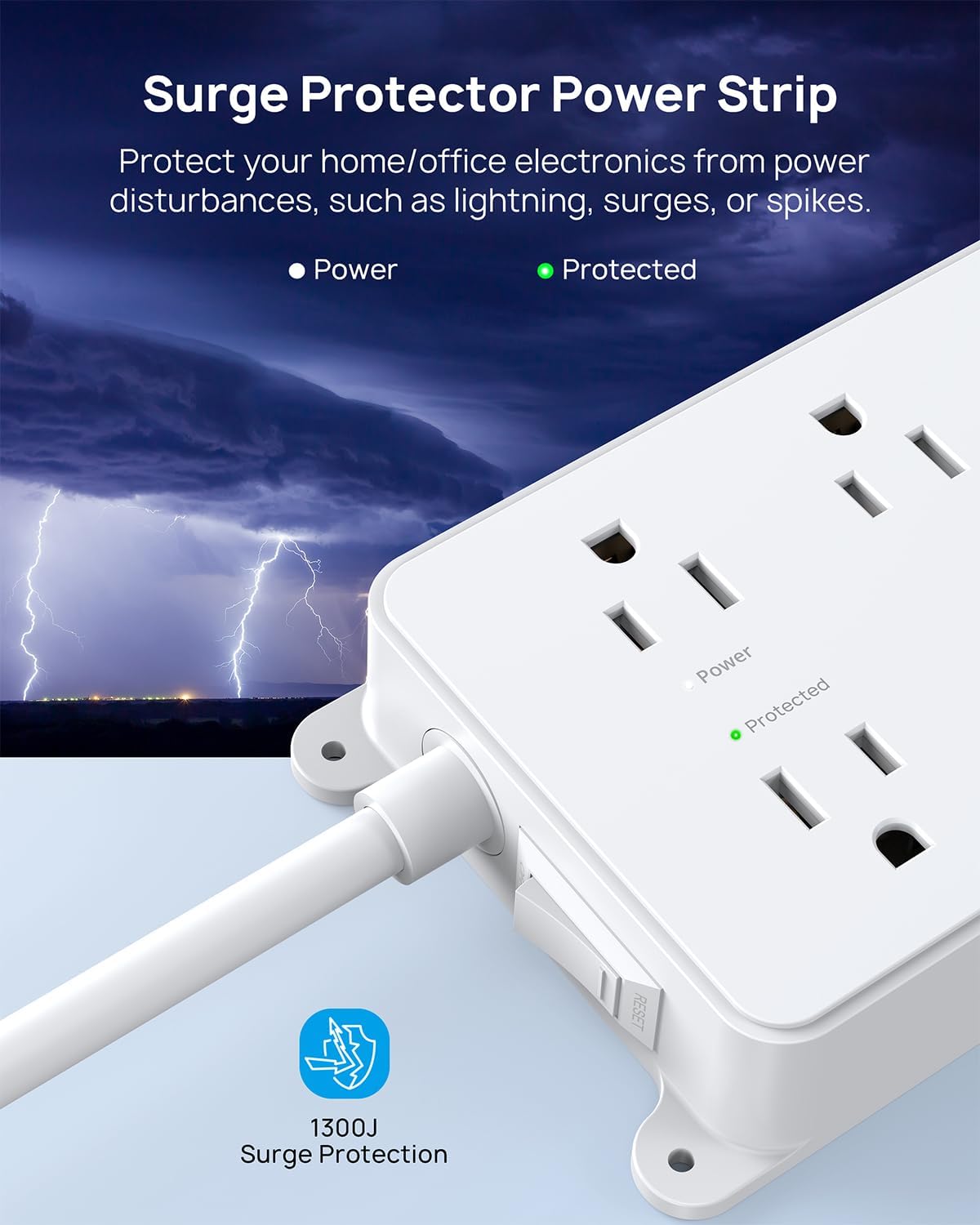 TROND Power Strip with USB, 10ft Extension Cord Surge Protector, 5 Widely Spaced Outlets with 3 USB Ports, ETL Listed, 1300J, Low-Profile Flat Plug, Wall Mountable, White