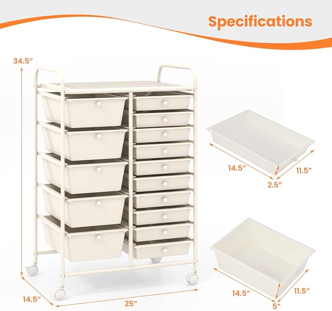 BECOMFORT 15-Drawer Rolling Cart with Drawers, Storage Cart on Wheels, Teacher Classroom Organizers with Metal Frame, Mobile Craft Cart for Tools, Trolley Utility Cart for School Office Play Room