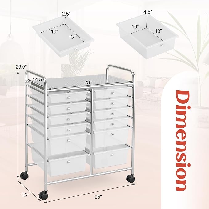 BECOMFORT 12-Drawer Rolling Cart with Drawers, Storage Cart on Wheels, Teacher Classroom Organizers with Metal Frame, Mobile Craft Cart, Trolley Utility Cart for School Office Play Room