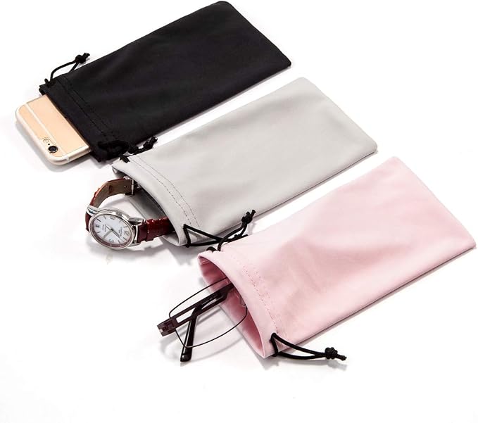 TRIUMPH VISION Glasses Case Soft Eyeglass Case Sunglass Pouch Cloth 3 Pack | Thick Microfiber Pouch Drawstring Pouch Eye Glass Bag Sunglasses Sleeve Storage, Lens Protection Cover,Cleaning Lens Screen