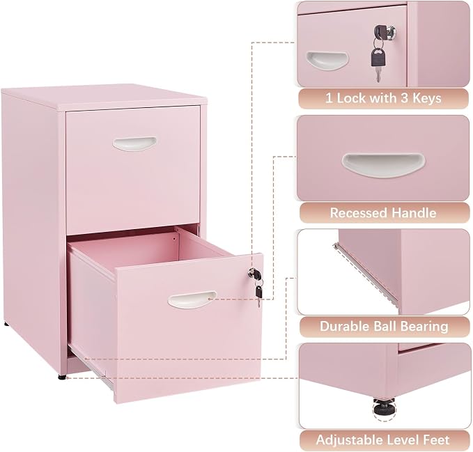 Polup 2 Drawer File Cabinet with Lock, Metal Filing Cabinet for Home Office | Small Locking Cabinet for Under Desk Storage, Printer Stand, Fits Letter Size, Pink, 26"H x 15"W x 18"D, Easy Assembly
