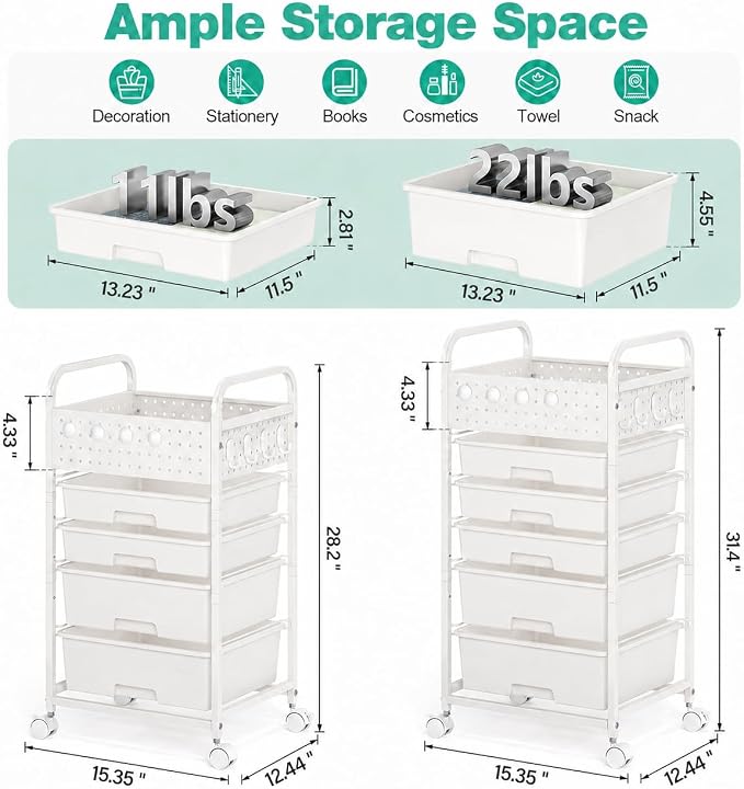 5 Drawer Rolling Storage Cart with Pegboard Top and Hooks, White | Mobile Utility Organizer with Wheels for Office Supplies, Craft Storage, Classroom Organization, Home Storage Cart