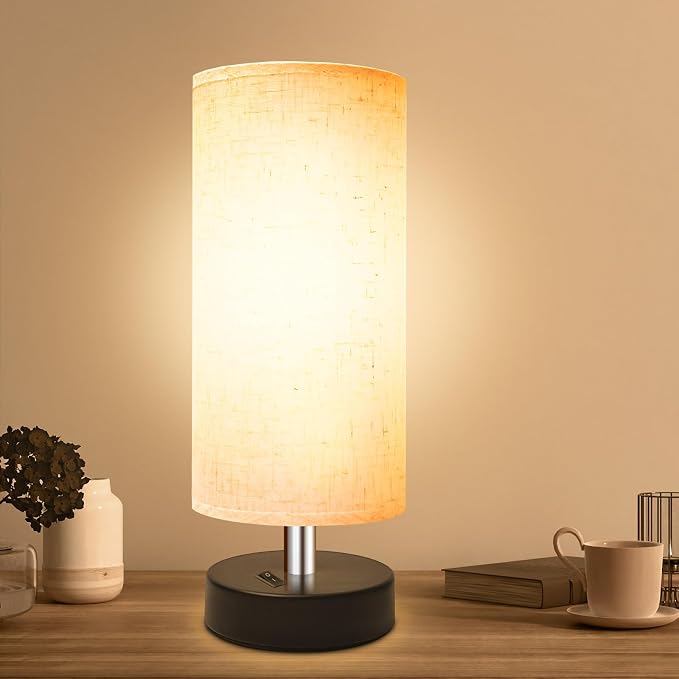 DEGNJU Bedside Table Lamp, Mini Minimalist, Round Flaxen Fabric Shade | 11 Inch, Desk Reading Lamp, Dorm Room Living Room Office, 1 Pack