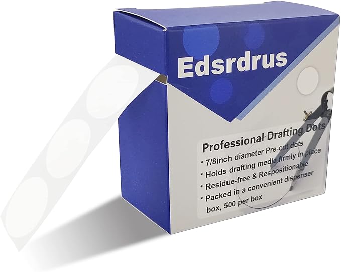 EDSRDRUS Professional Blank Drafting Dots 7/8” Diameter, Low Tack, Easy Removal, Pre-Cut Drafting Tape Dots for Tracing, Drawing, Positioning, Roll of 500 Dots Per Box (1 Pack)
