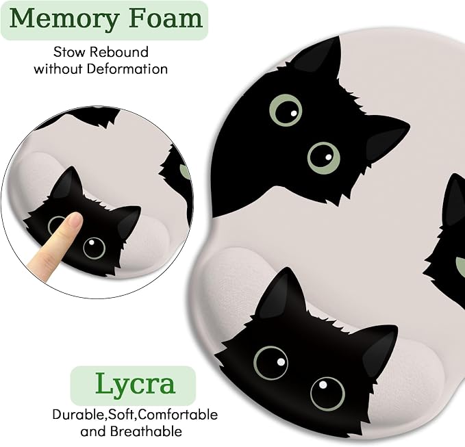 LIMKRIAN Black Cat Ergonomic Mouse Pad with Gel Wrist Rest, 9.8 x 8.6 in | Comfort Wrist Support, Cooling Gel Eases Wrist Pain, Non-Slip PU Base, Smooth Surface, Cute Office Desk Accessories Decor